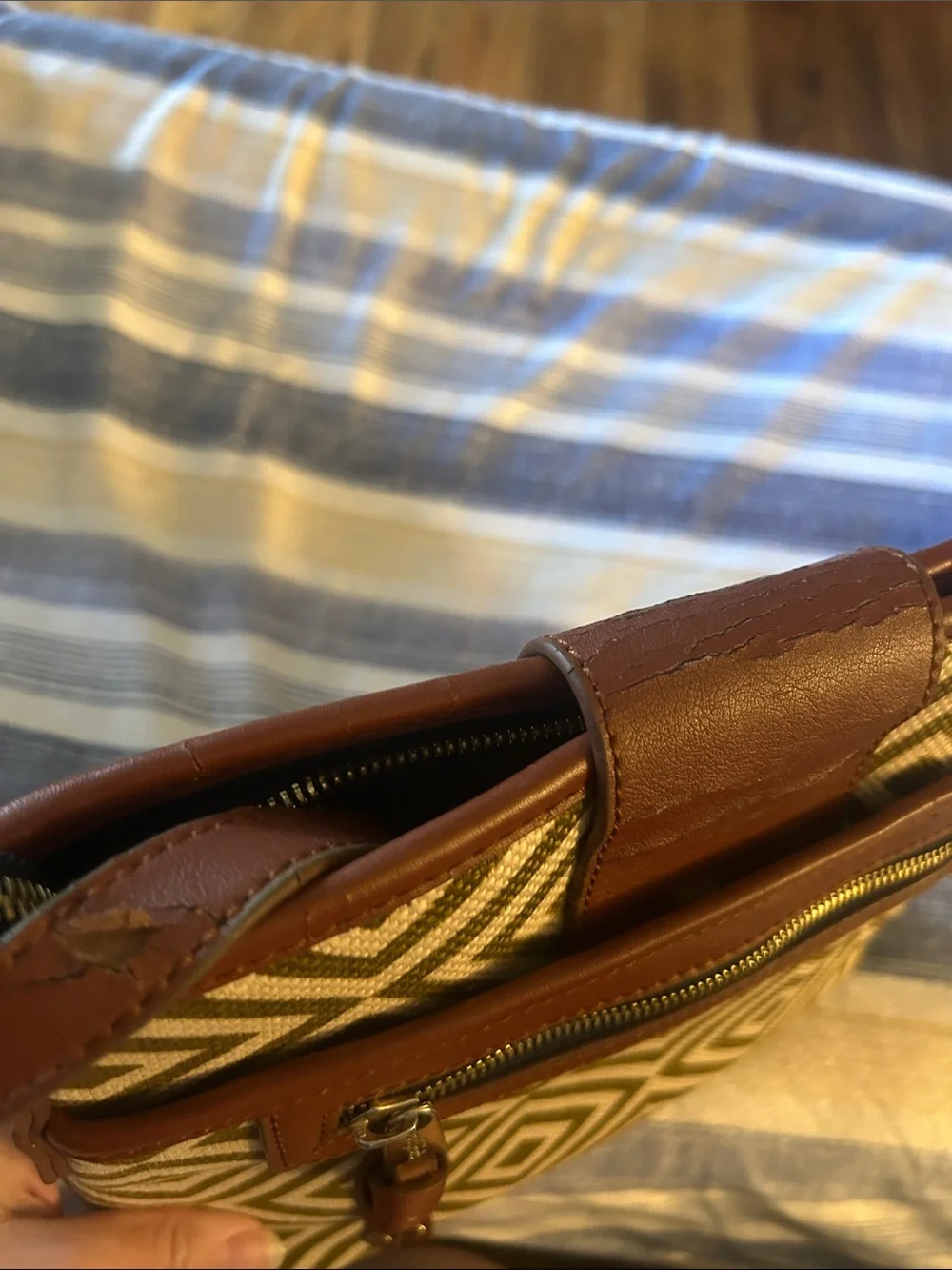 Spartina 449 Olive & Cream Geometric Canvas Crossbody with Brown Leather Trim